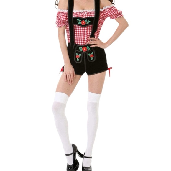 Ocktoberfest maiden lederhosen Red and Black Gingham romper Costume - Picture 1 of 2